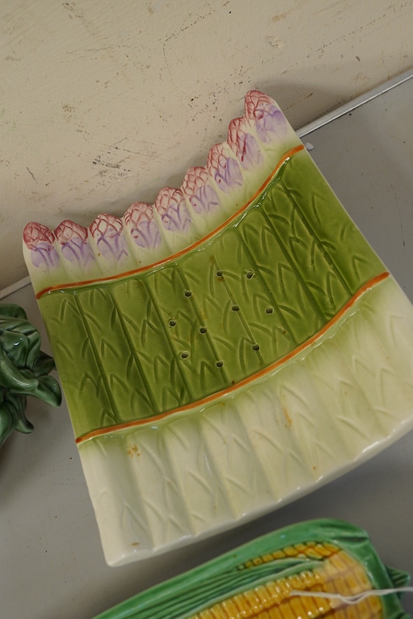 A collection of Portuguese majolica table wares and a dish etc